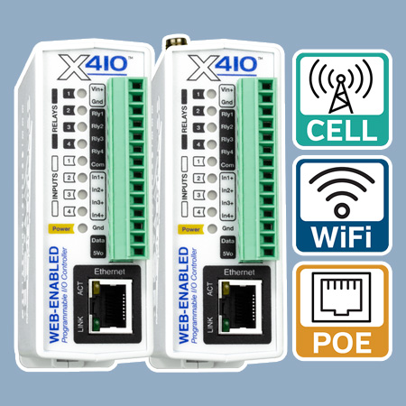 The X-410 relay and input module is an IoT controller that's perfect for dry contact monitoring and relay control. With multiple networking options including ethernet, WiFi, and cellular.