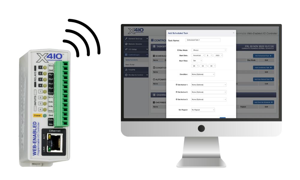A ControlByWeb X-410 WiFi-Enabled programmable controller with built-in firmware