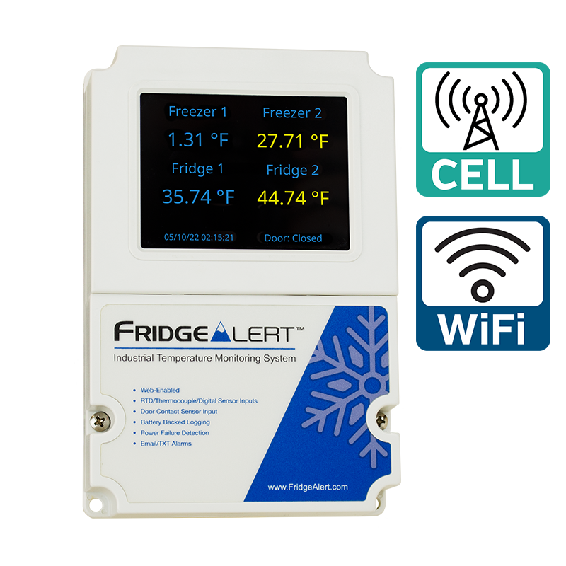FridgeAlert temperature monitoring device with 3.5" touchscreen display, supporting multiple sensors and connectivity options
