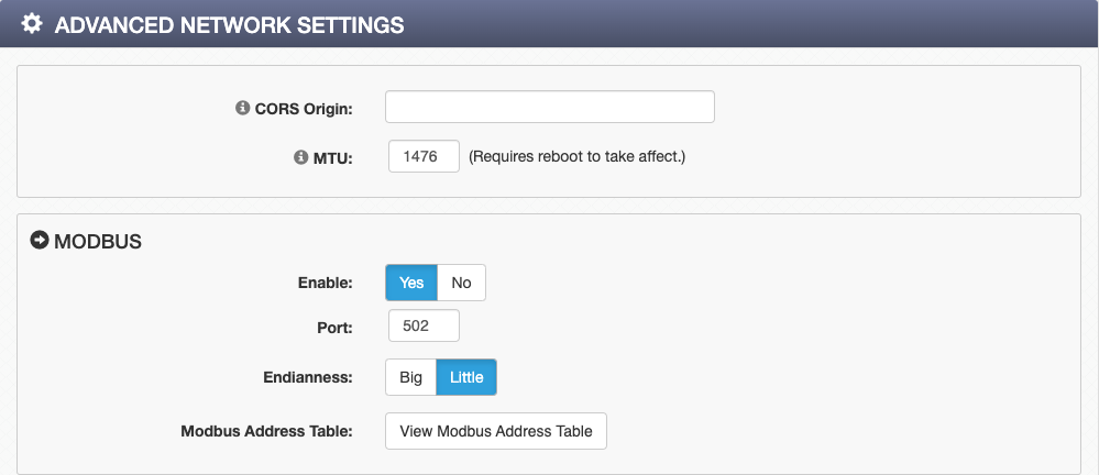 Advanced Settings Modbus Settings