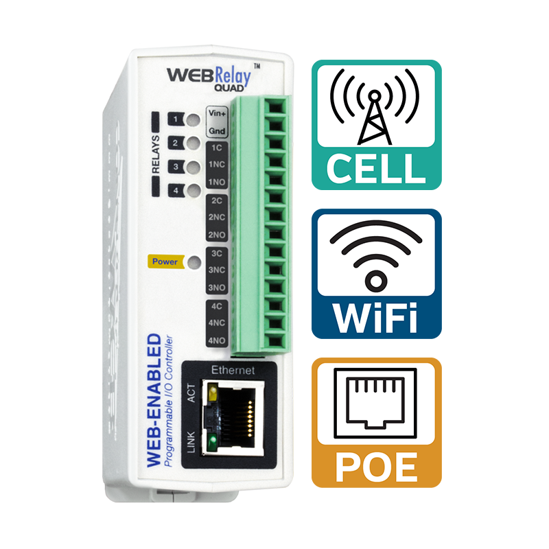X-WR-444 With All Icons - 800x800 WebRelay-Quad device with 4 web-controlled relays for remote control with Celluar, Ethernet and, WiFi connectivity